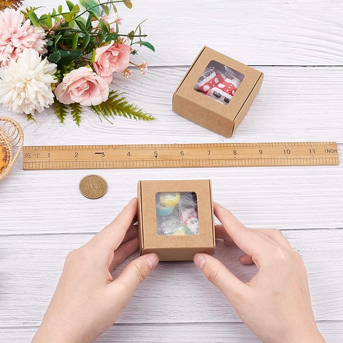 BENECREAT 30 Packs 2.5x2.5x1.2inch Square Brown Kraft Paper Boxes Gift Candy Boxes with Clear Window for Wedding Party Favor Treats, Bakery and Jewelry, Festival Gift Packaging