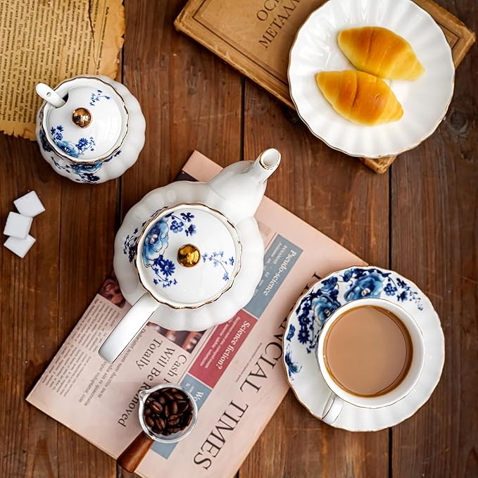 ceramic tea cup and saucer set of 4,floral teacup sets for Coffee, Latte, Cafe Mocha and Tea (Dark blue flowers)