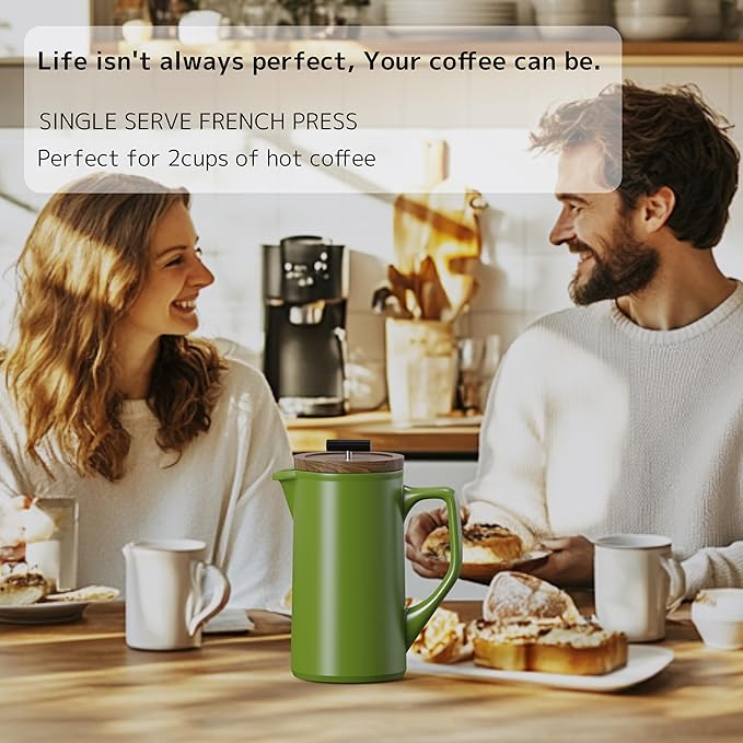 DHPO Ceramic French Press Coffee Maker, 22oz Single Serve Coffee Press with Walnut Wood Lid, Lead-Free, Food Grade Stainless Steel Filter with Dual Screen for Coffee and Loose Tea, Green