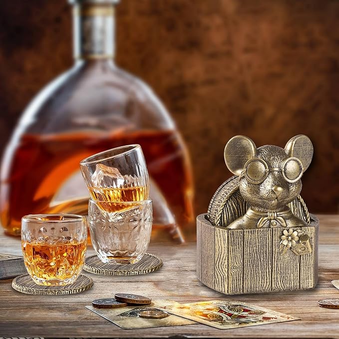 Cabin Coasters Set 6 Full Size Non-Slip Bar Coasters, Indoor Christmas Decorations, Man Cave Gifts for Men, Rustic Handmade Decor for The Home (Rat)