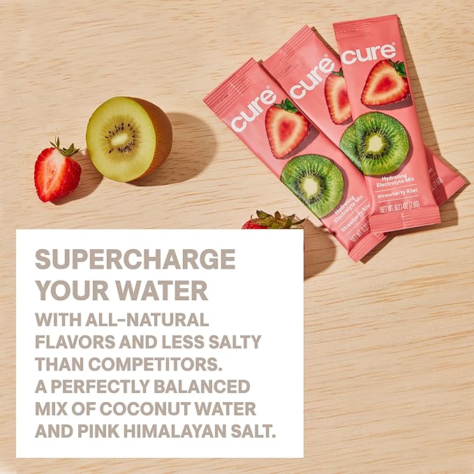 Cure Hydration | Plant-Based Electrolyte Drink Mix | No Added Sugar | FSA-HSA | Dehydration Relief Powder Made with Coconut Water | Non-GMO | Vegan | 28 Servings Jar - Strawberry Kiwi