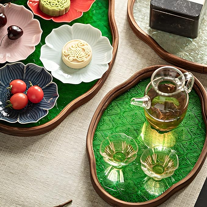 IwaiLoft Glass Serving Tray with The Crabapple Pattern Glass and Walnut for Kitchen Countertop Home Decor for Coffee Table, Also Suitable for Tea Coffee Decorative Trays (Green,14.5" x 10" x 1")
