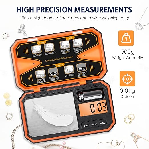 Digital Pocket Scale, High-Precision 500g x 0.01g Gram Scale with 50g Calibration Weight, Mini 6 Units Jewelry Scale with LCD Display, Tare Function for Food, Jewelry, Coin, Coffee, Battery Included