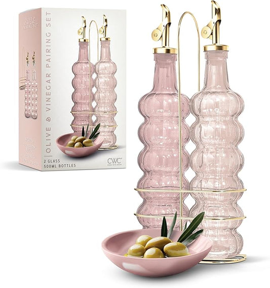 COOK WITH COLOR Glass Olive Oil Bottle Dispenser - 2 Pack- 17oz Oil and Vinegar Cruet - Olive Oil Carafe Decanter for Kitchen, Elegant Waves, Pink