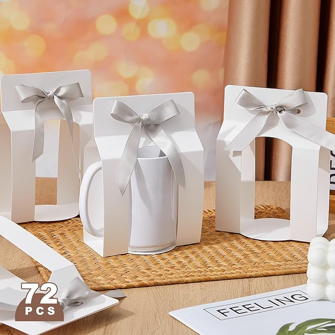 Kosiz 72 Pcs Mug Boxes Sublimation Coffee Mugs Gift Bags with Window Packaging Storage Box for Shipping Selling Wedding Valentines Gift Packaging Wrapping (for 15oz Mug,White,Silver)