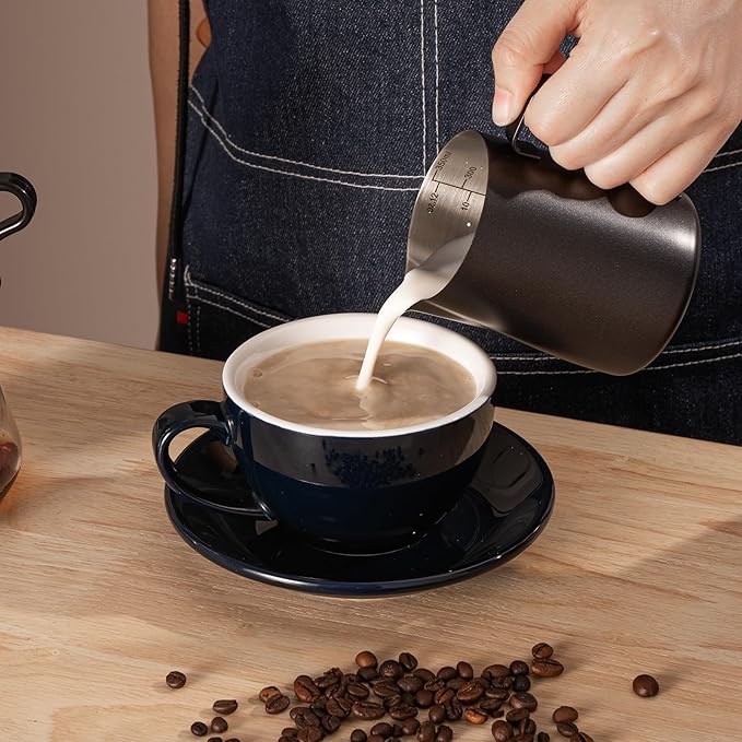 HOMEE Milk Frothing Pitcher,Espresso Steaming Pitcher Stainless Steel 12oz,Milk Frothing Jug With V-shaped Spout and Teflon Coating,Barista Tool Milk Steam Pitcher for Kitchen Bar, Latte Art