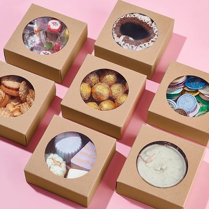 BENECREAT 24 Packs 3.7x3.7x1.5inch Round Clear PVC Window Gift Boxes, Square Brown Kraft Present Packaging Boxes for Party Favor Treats, Bakery, and Jewelry Packaging