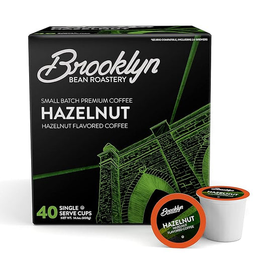 Brooklyn Beans Hazelnut Gourmet Coffee Pods - Compatible with Keurig K Cup Brewers Including 2.0 Machines, 40 Count, Rich and Nutty Hazelnut Flavored
