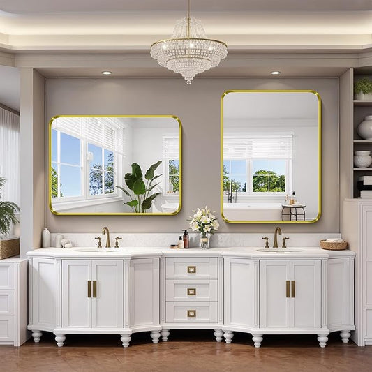 FORBATH 48x36 Inch Bathroom Mirror, Brushed Gold Deep Frame Wall Mirror with Rounded Corners, Anti-Rust Glass for Modern Farmhouse Vanity (Horizontal/Vertical Hanging)