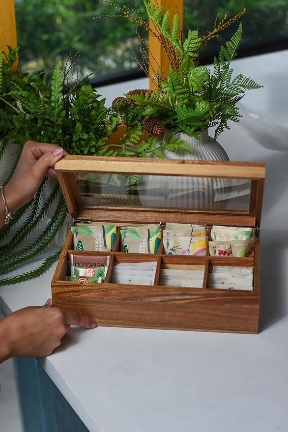 Acacia Wood and Bamboo Tea Bag Organizer - 4 & 8 Compartment Tea Box for Countertop - Tea Station & Coffee Bar Accessories - Fits Large & Craft Tea Bags (Bamboo, 8 Compartment)