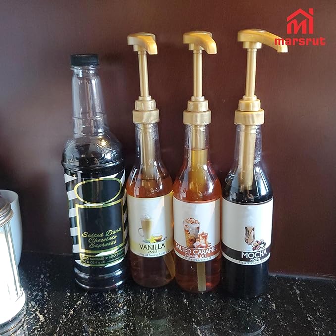 5pcs Coffee Syrup Pump Fit 25.4oz (750ml) Bottles, Lockable Open Dispenser Accessories for Snow Cones Grenadine Mixes Liquids Pastes Dinning Drinking Cocktails Tea Beverage For Bar Home Kitchen, Gold
