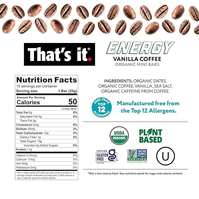 That's it. Organic Energy Coffee Mini Bars-Vanilla Coffee ( 1 Mini Bar = 1 Cup of Coffee ) Grab and Go，No Added Sugars，Non-GMO，Caffeine Power Snack，Kosher，Allergy Friendly (Vanilla Coffee-15 Pack)