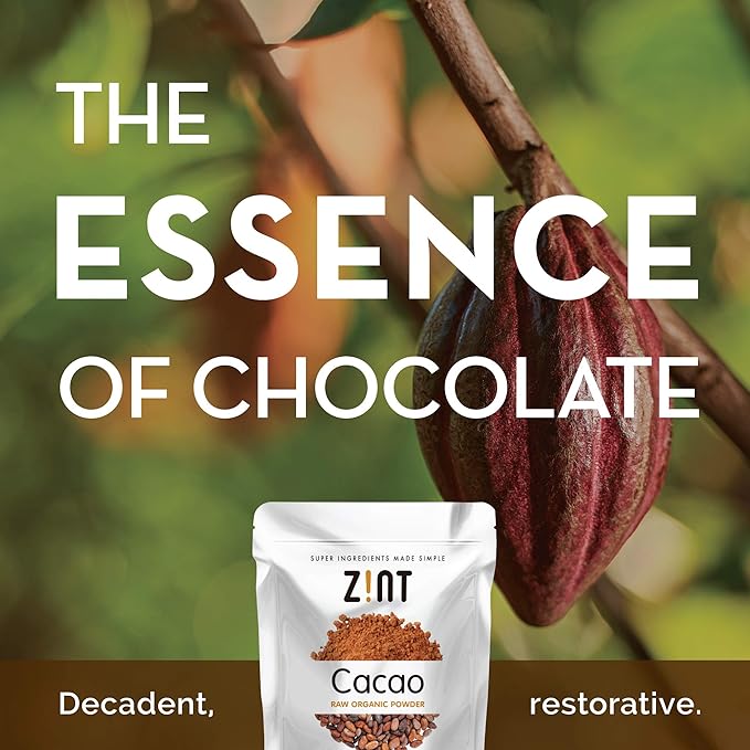 Zint Organic Cacao Powder (8 oz): Paleo-Certified, Organic, Non GMO, Anti Aging Antioxidant Superfood, Gluten Free Cocoa Cacao Beans, Pure Delicious Chocolate Essence