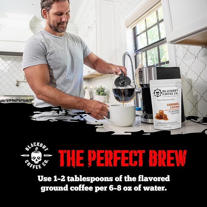 Blackout Coffee Caramel Cream Flavored Ground Coffee – Medium Roast, Smooth Taste, Guilt-Free Indulgence – Freshly Roasted 12oz Bag.