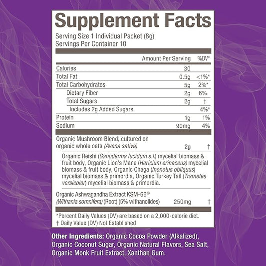 OM MUSHROOM SUPERFOOD Hot Chocolate Blend – Dutch Cocoa Mushroom Powder with Lion’s Mane, Reishi, Chaga & Turkey Tail – Focus, Calm & Stress Support – 2g Sugar, 25 Calories – Single Serve (10 Count)
