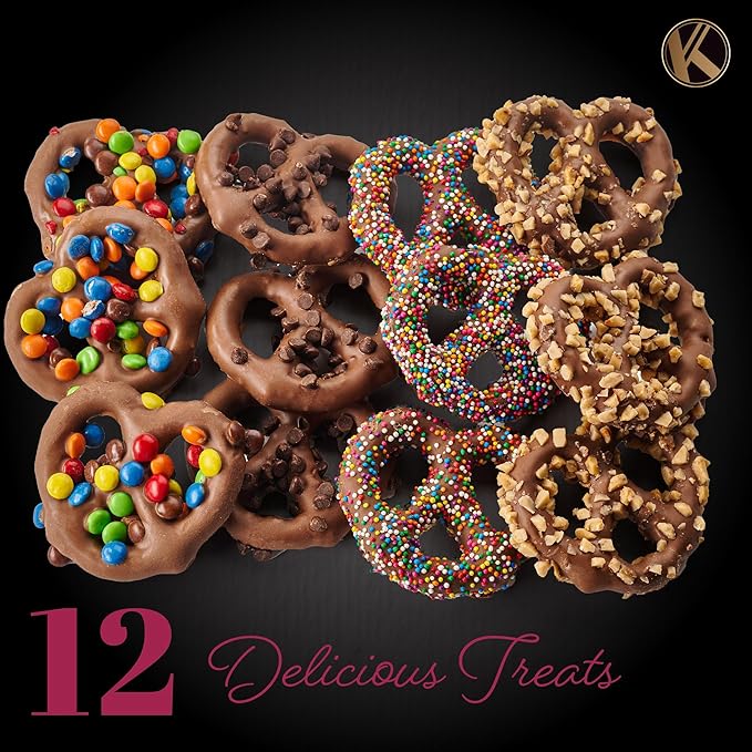 KREMERY Creamy Chocolate Cravings - Valentines Day Chocolate Covered Pretzel Twists Gift Basket, in Confetti Gift Box (12 Pretzels, Assorted Sweet Toppings) Xmas Treats Food Arrangement, Kosher