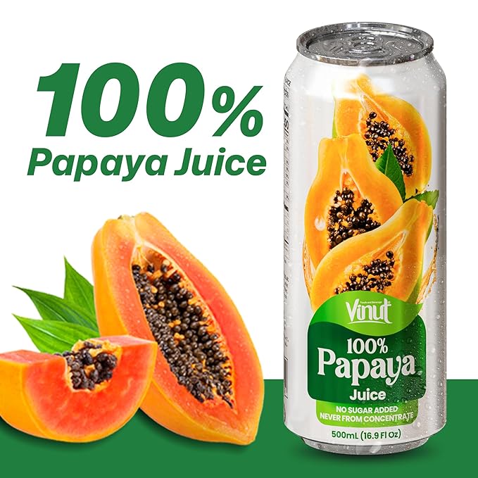 VINUT 100% Papaya Juice, No Added Sugar, Not From Concentrate, 16.9 fl oz (500 mL) Can, Pack of 12