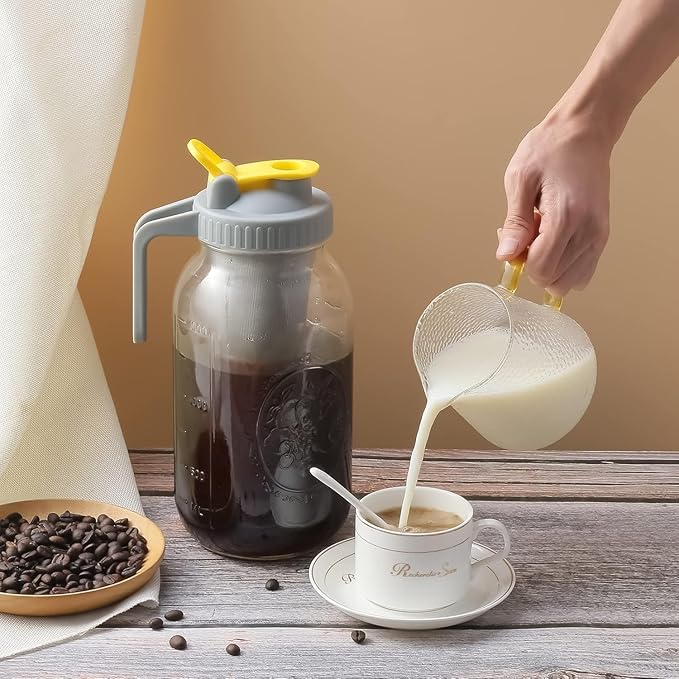 Coffee Strainer Stainless Steel Mesh Filter- 2 Quart (64 oz)- 2pcs Wide Mouth Flip Cap Lids with Handle for Ball Mason Jar (Blue & Yellow), Suitable for Cold Brew, Lemonade, Iced Tea and Iced Coffee