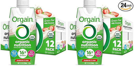 Orgain Organic Nutritional Protein Shake,Strawberries & Cream - 16g Grass Fed Whey Protein,Meal Replacement,20 Vitamins & Minerals,Fruits-& Vegetables,Gluten Free,Non-GMO,11 Fl Oz,(Pack of 24)
