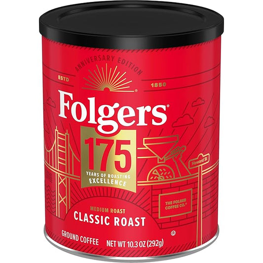 Folgers Classic Medium Roast Ground Coffee, 10.3 Oz 175th Anniversary Limited Edition Metal Can (Pack of 2)