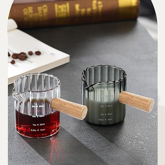 Espresso Cups Set of 2, 4 OZ Espresso Shot Glasses with Wood Handle, V-Shaped Spouts Cups, Ribbed Milk Frothing Pitcher, Glass Measuring Cup, Coffee Espresso Accessories, Demitasse Cups, Small (Gray)