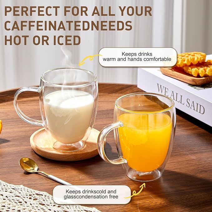 4-Pack 12 Oz Double Walled Glass Coffee Mugs with Handle, Insulated Layer Coffee Cups, Clear Borosilicate Glass Mugs, Gift for Cappuccino,Tea,Latte,Espresso,Hot Beverage,Wine, Microwave Safe, Set of 4