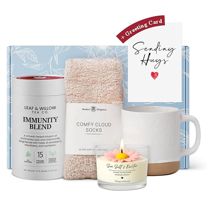 Get Well Soon Care Package for Women with Immunity Tea – Recovery Gift Box with Cozy Cloud Socks, Ceramic Mug, Hand-Poured Candle & Sending Hugs Card (Immunity Blend)