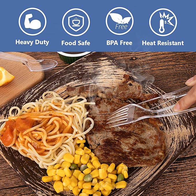 SACATR 100 Count Disposable Plastic Forks,Heavy Duty Plastic Forks, Clear Plastic Silverware, BPA-Free, Heat Resistant, Suitable for Parties, Events and Everyday Use