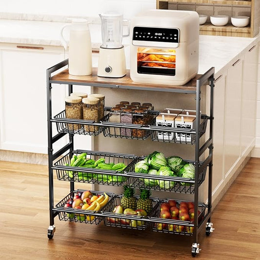 Cinati 4-Tier Utility Kitchen Cart with Wood Top, 29" W Kitchen Storage Cart with 8 Baskets & Handle, Metal Snack Cart with Wheels, Adjustable Pantry Organizer and Storage Cart for Fruit, Vegetables