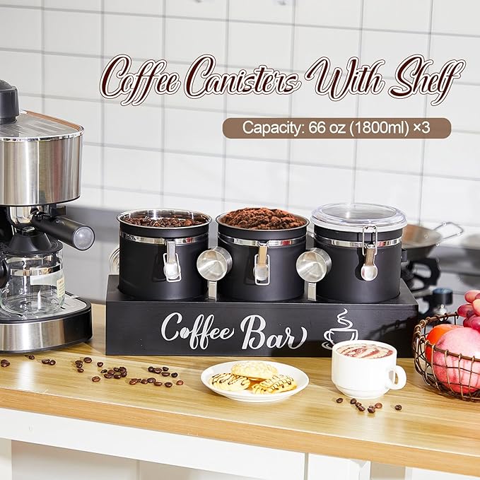 Domensi 3 x 66 oz Airtight Coffee Canisters with Shelf, Coffee Bean Storage Container 304 Stainless Steel Coffee Bean Storage with Airtight Locking Clamp and Scoop, Kitchen Food Storage Jar(Black)
