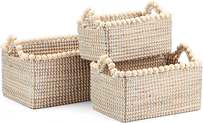 Set of 3 Seagrass Woven Storage Basket with Handles, Natural Wooden Bead Decoration for Blankets Toys Clothes Shoes Organizer, Cube Bins for Shelves Living Room Bedroom Nursery Home Decor