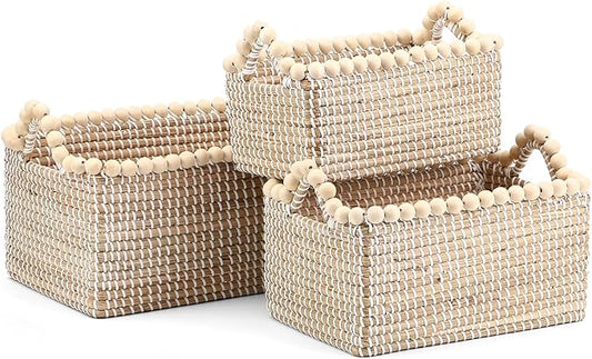 Set of 3 Seagrass Woven Storage Basket with Handles, Natural Wooden Bead Decoration for Blankets Toys Clothes Shoes Organizer, Cube Bins for Shelves Living Room Bedroom Nursery Home Decor
