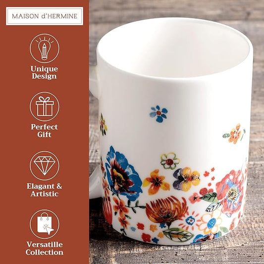 Maison d' Hermine Coffee Mug with Handles Fine Bone China Mugs Pack of One Tea Cups for Hot Beverages Cappuccino Latte Home Office Perfect for Gift (Happy Florals - High Summer Its Summer, 15 Ounce)