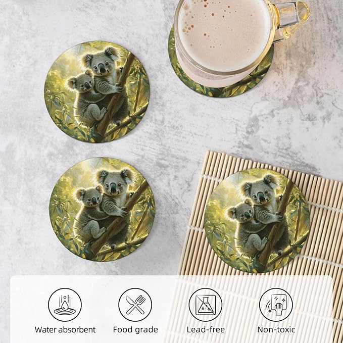 Koala Leaves Pattern Coasters for Drinks Absorbent Round Ceramic Coasters Set of 4 Non-Slip Cup Coaster with Cork Base for Coffee Table Drink Home Decor Tabletop Protection