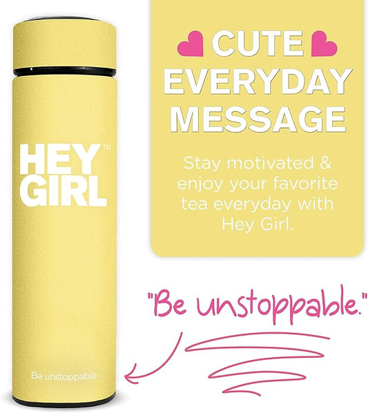 Hey Girl Tea Infuser Bottle 450ml - Insulated Stainless Steel Water Bottle - Tea Tumbler with Tea Diffuser - Portable Travel Mug for Loose Leaf Tea & Infused Water - Tea Lovers Gifts for Women