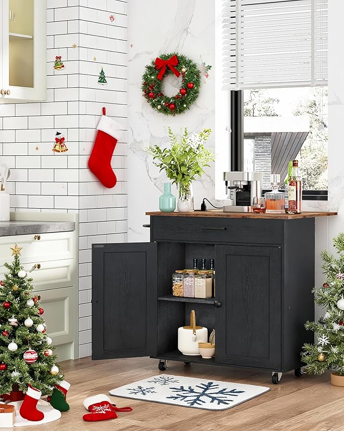Kitchen Island, Kitchen Island Cart with One Double Cabinet and Drawer, Rolling Storage Cart with Power Strip, with Drop Leaf, for Kitchen, Living Room, Black and Rustic Brown MZD01UBFN1