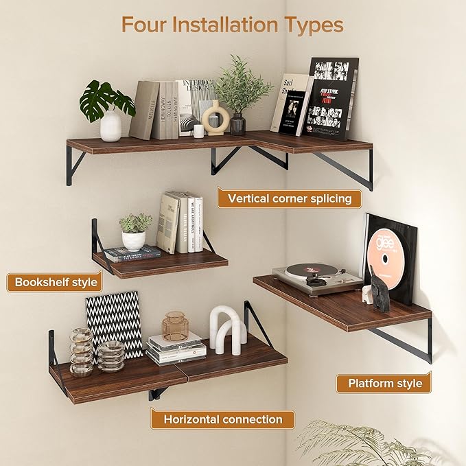 Deep Floating Shelves Wall Mounted, 30"x12" Walnut Wall Shelves with Brackets Set of 2 for Bedroom, Living Room, Bathroom, Kitchen, Office - Storage & Display Shelf for Decor, Books, Plants
