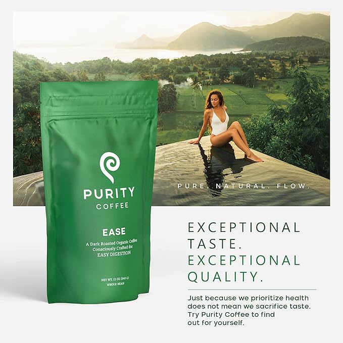 Purity Coffee EASE Low Acid Dark Roast Whole Bean (12oz Bag) | Specialty-Grade USDA Organic Arabica Blend | Third Party Tested for Mold, Mycotoxins & Pesticides