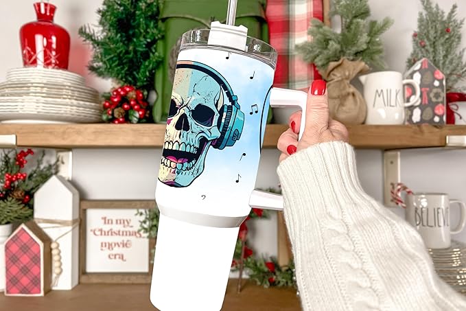 Halloween Skull Tumbler with Straw, Stainless Steel, 40 oz, Music Theme, Custom Insulated Travel Mug