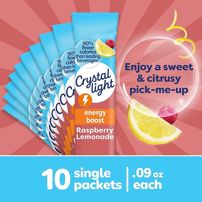 Crystal Light Raspberry Lemonade Energy Boost Drink Mix, 10 ct On-the-Go-Packets