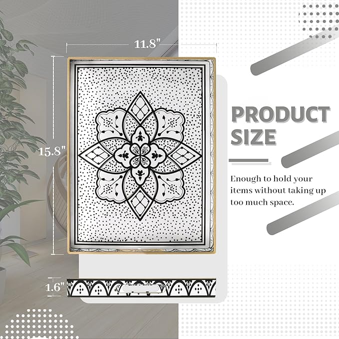 MAONAME Plastic Serving Tray with Handles, Modern Black Tray for Coffee Table, Rectangular Trays with Flower Pattern, Decorative Trays for Ottoman, 15.8" Lx 11.8" W X 1.6" H