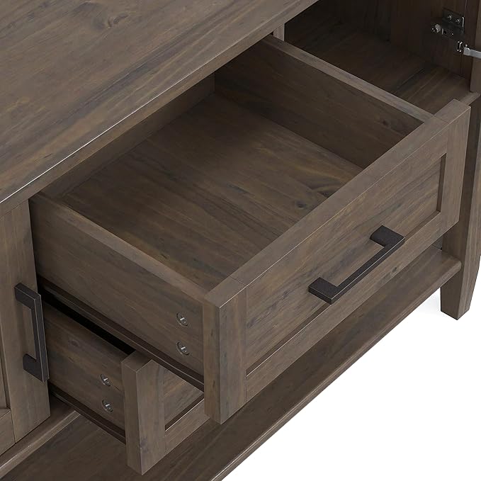 SIMPLIHOME Ela Console Table - 48 Inch Wide Solid Wood Sofa Table in Smoky Brown, Transitional Storage Table for Entryway or Living Room with 2 Drawers, 2 Cabinets, Open Shelf, and X-Panel Doors