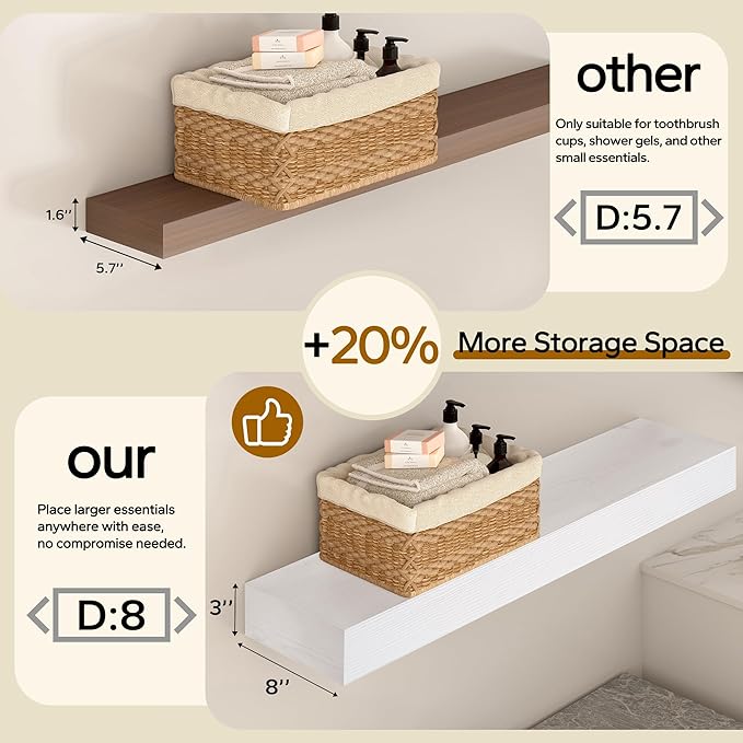 Floating Shelves 3 inch Thick for Wall Set of 2,Solid Pine Wood Wall Mount Shelf for Kitchen Living Room Bedroom Bathroom,8" D x 24" L x 3" H-White
