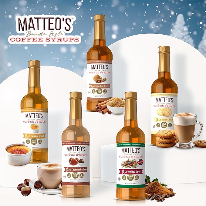Matteo's Holiday Spice Syrup for Coffee, Lattes, Cappuccinos & Desserts – Sugar-Free Sweetener for Beverages, Keto Friendly, Zero Calories, Indulgent Flavor, Non-Alcoholic, 33.8oz (1pk)