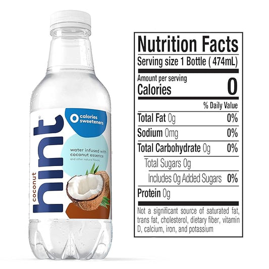Hint Fruit-Infused Bottled Water, Coconut - Sugar Free Flavored Water with Zero Calories, Naturally Flavored, and No Artificial Sweeteners - 16 Fl Oz (Pack of 24)