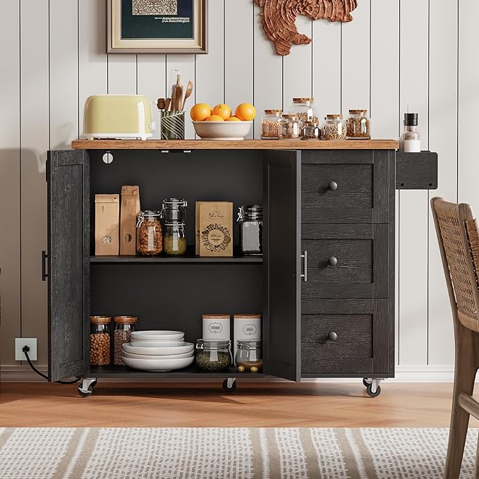 HOOBRO Kitchen Island with Power Outlet, Rolling Kitchen Island on Wheels, Island Table with 3 Large Drawers, Storage Cabinet, Spice Rack and Adjustable Shelf, Black and Rustic Brown BF15UZD01