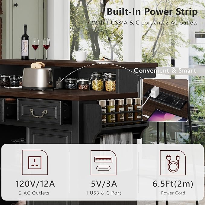 Rolling Kitchen Island with Two-Tier Bar Counter and Power Outlets, 3 Drawers & 4 Door Shelves, Mobile Kitchen Cart with Storage Cabinets & Locking Wheels for Dining Room & Kitchen, 53-Inch, Ash Black