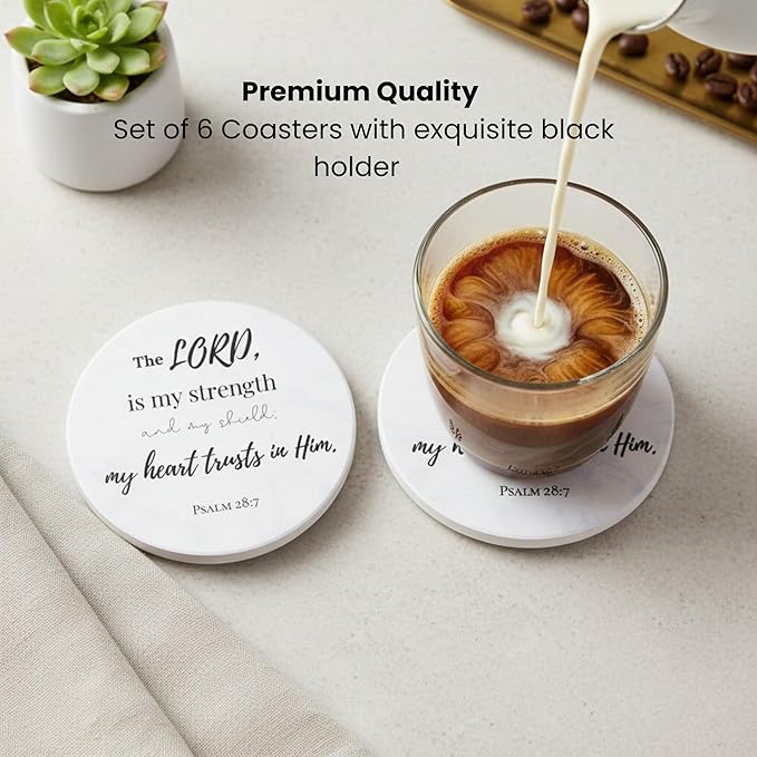 Christian Coasters Set of 6 with Holder– Ceramic Absorbent Drink Coasters for Coffee Table Desk, Modern Cute Moisture Absorbing Coasters, Christian Gifts Alternative to Cork, Silicone or Glass Coaster