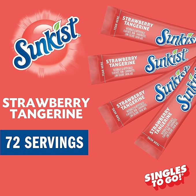 Sunkist Singles to go Drink Mix Packets, Strawberry Tangerine, 6-Count Box – Powdered Drink Packets with Vitamin C, 72 Total Powder Sticks