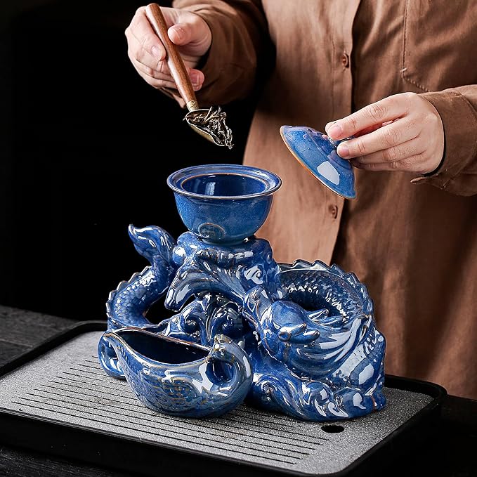 Semi Automatic Tea Set Ceramic Teapot with Infuser Magic Teapot with 8 cups (Blue Dragon- D)